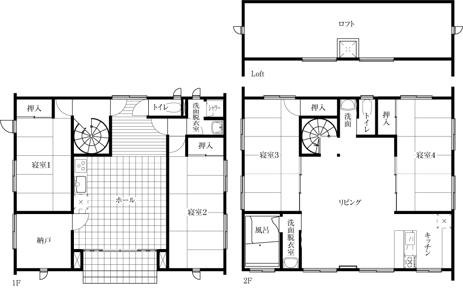 和み舎ひるがの別邸の間取り。一階にキッチンとロースター、寝室が2つ、シャワーとトイレがある。二階はキッチン、寝室が2つ、トイレ、風呂がある。