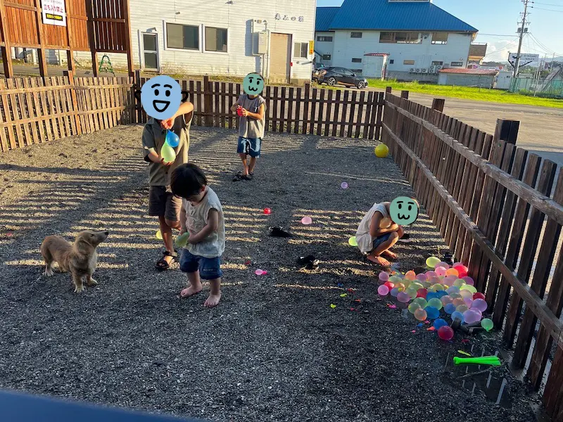 和み舎ひるがの別邸のドッグランで4人の子どもたちと犬が水風船で遊んでいる写真。